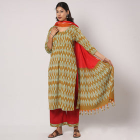 Brown - pochampally ikat cotton kurta with palazzo &