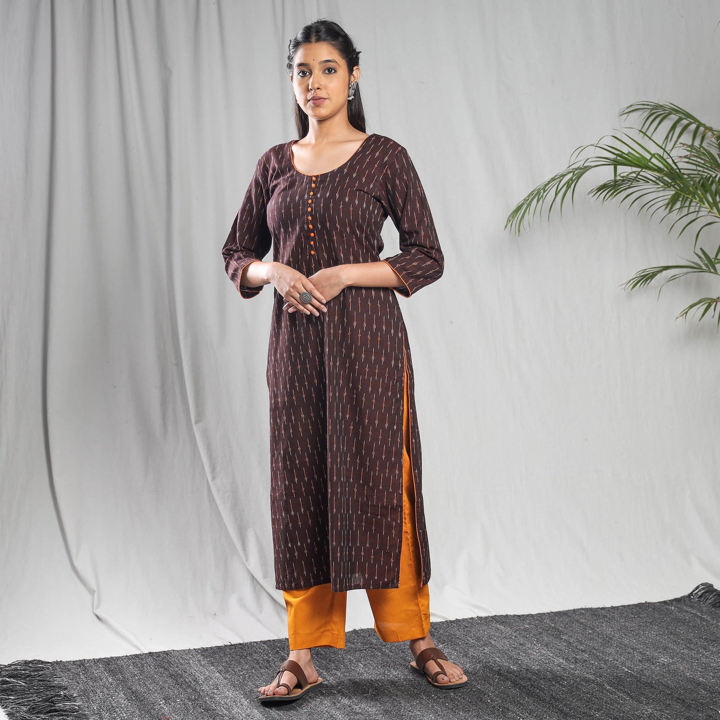  Pochampally Ikat Weave Cotton Kurta with Palazzo & Dupatta Set 