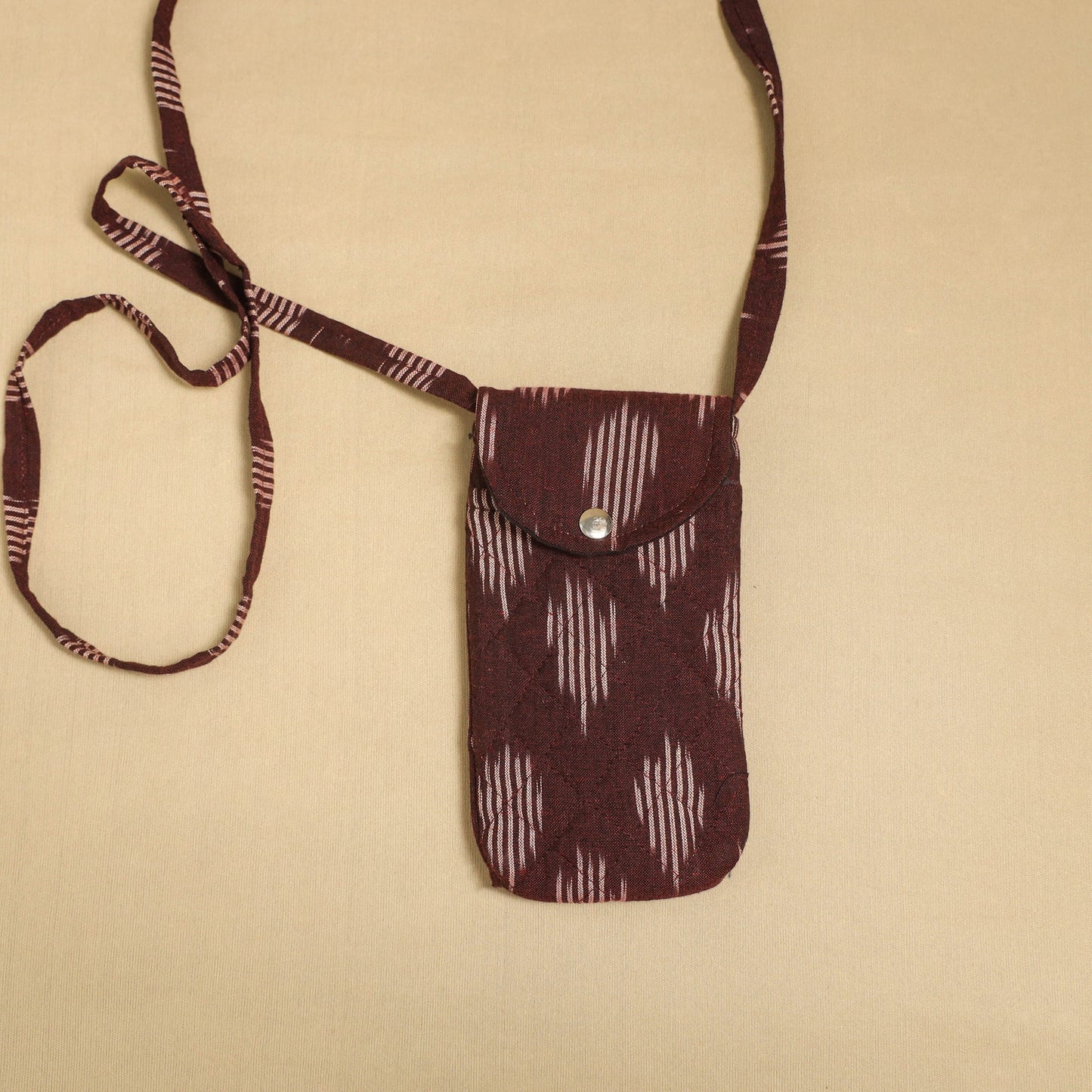 Brown Pochampally Ikat Cotton Sling Mobile Pouch