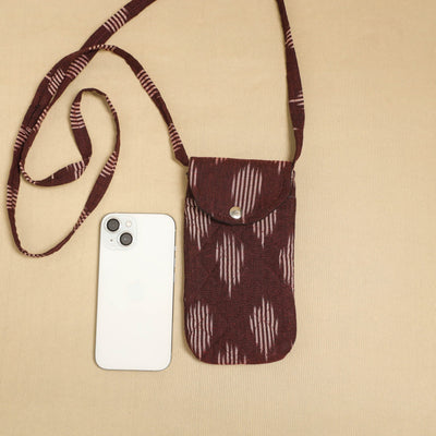 Brown Pochampally Ikat Cotton Sling Mobile Pouch