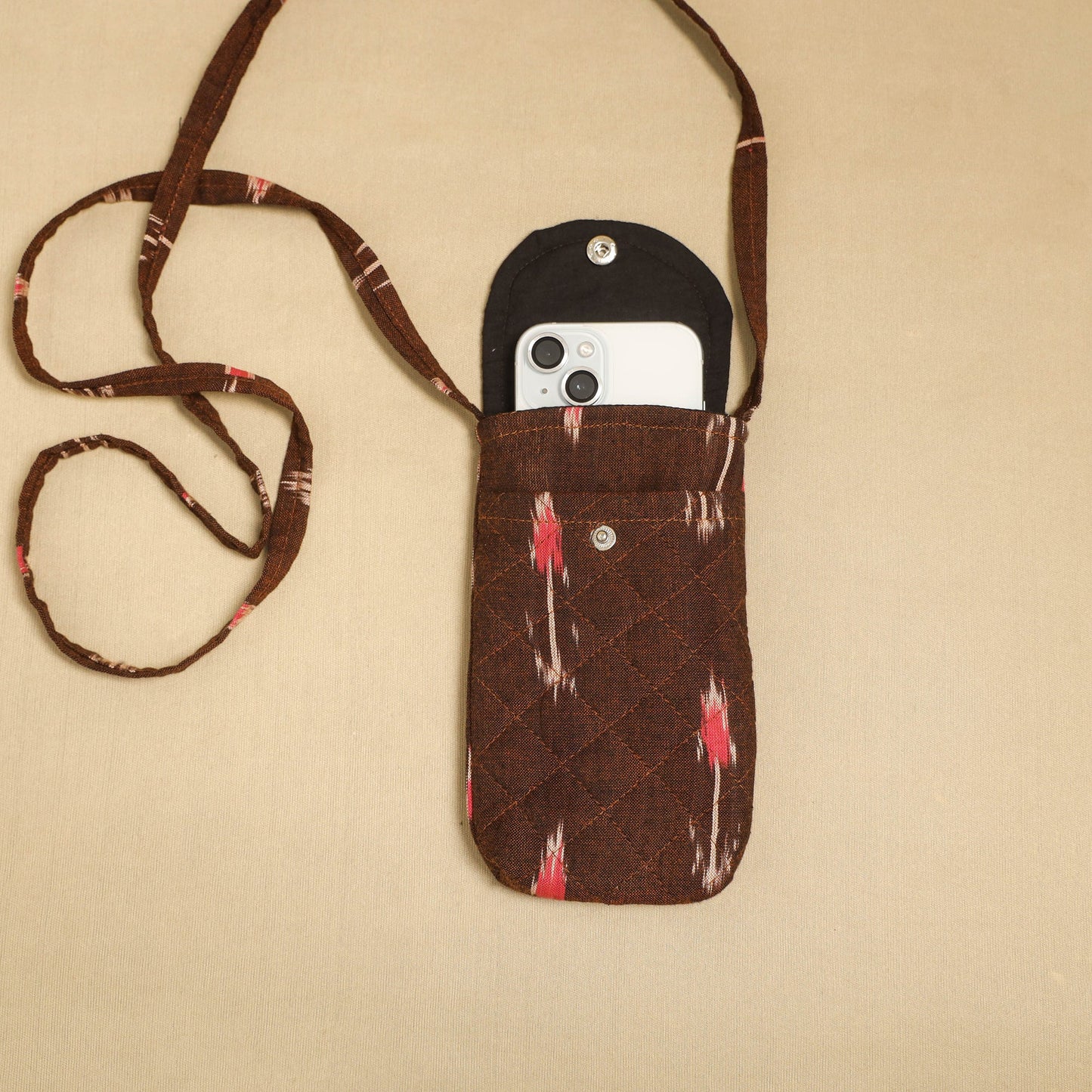 Brown Pochampally Ikat Cotton Sling Mobile Pouch