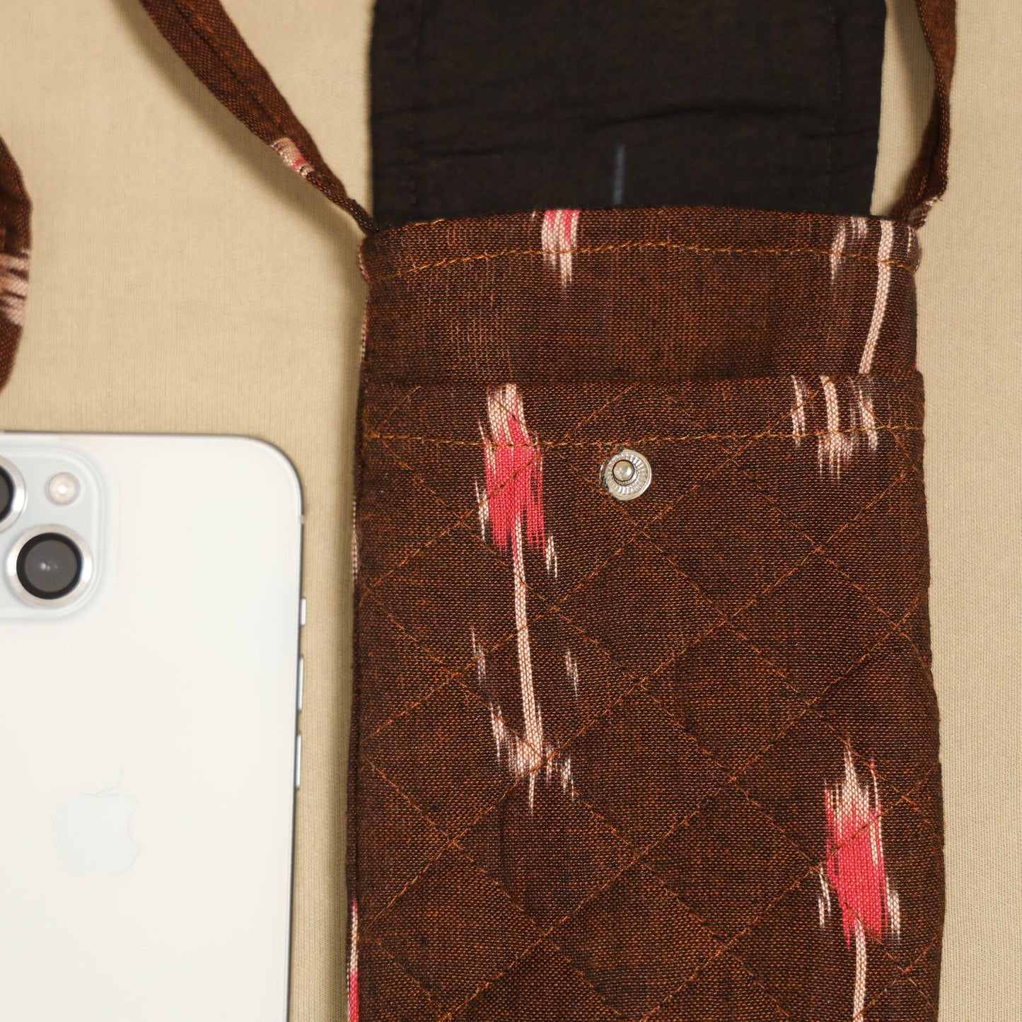 Brown Pochampally Ikat Cotton Sling Mobile Pouch