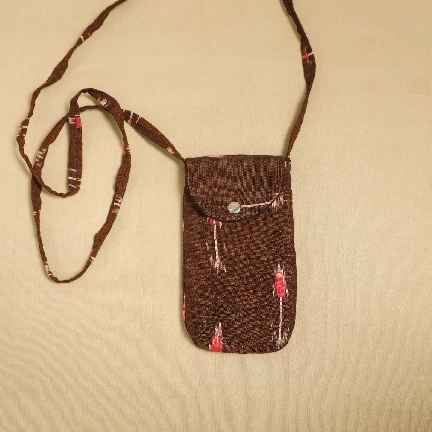Brown Pochampally Ikat Cotton Sling Mobile Pouch