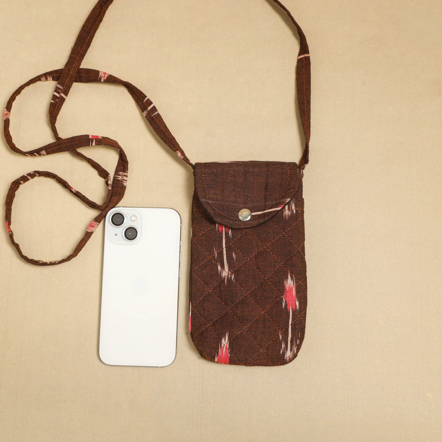 Brown Pochampally Ikat Cotton Sling Mobile Pouch