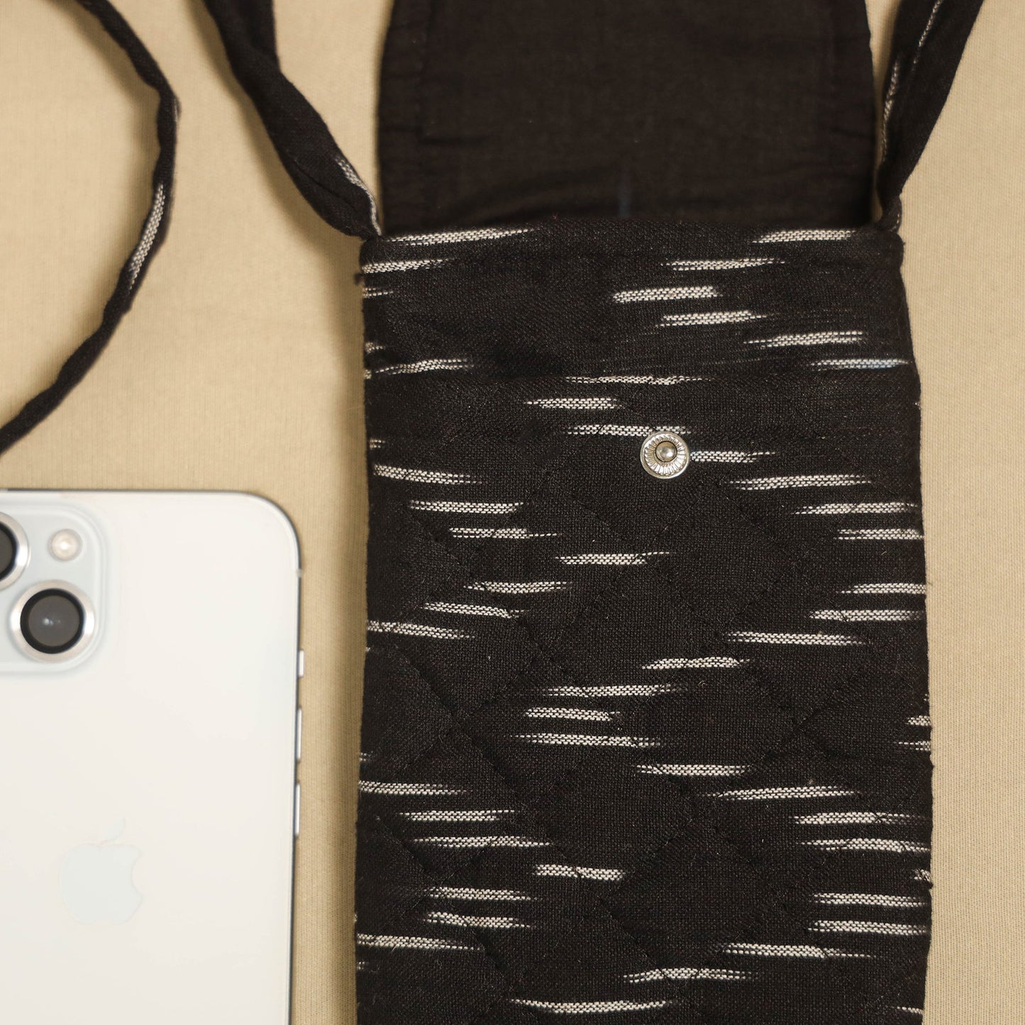 Brown Pochampally Ikat Cotton Sling Mobile Pouch