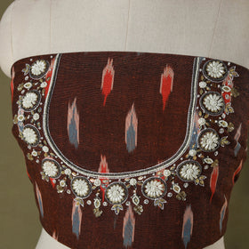 Brown Pochampally Ikat Hand Embroidery Cotton Blouse Piece
