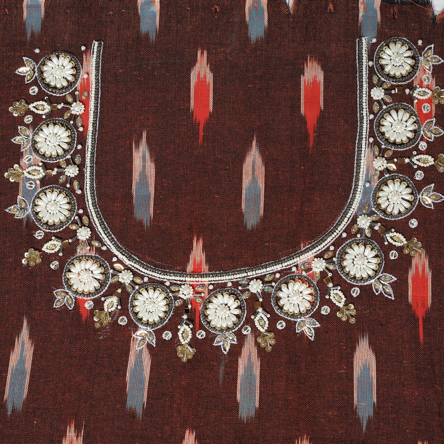 Brown Pochampally Ikat Hand Embroidery Cotton Blouse Piece