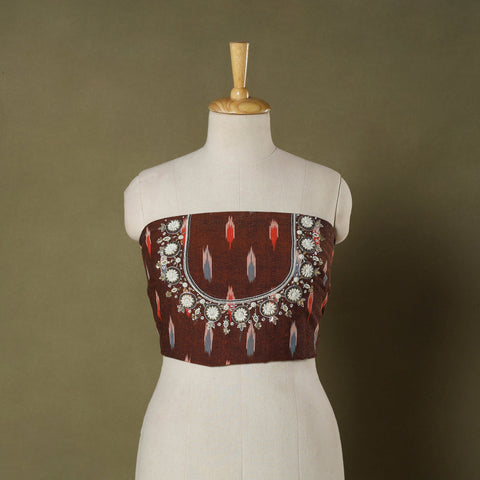 Brown Pochampally Ikat Hand Embroidery Cotton Blouse Piece