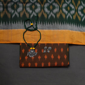 Brown Pochampally Ikat Handloom Dress Material with Jewellery Set