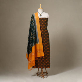Brown Pochampally Ikat Handloom Dress Material with Jewellery Set