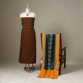 Brown Pochampally Ikat Handloom Dress Material with Jewellery Set