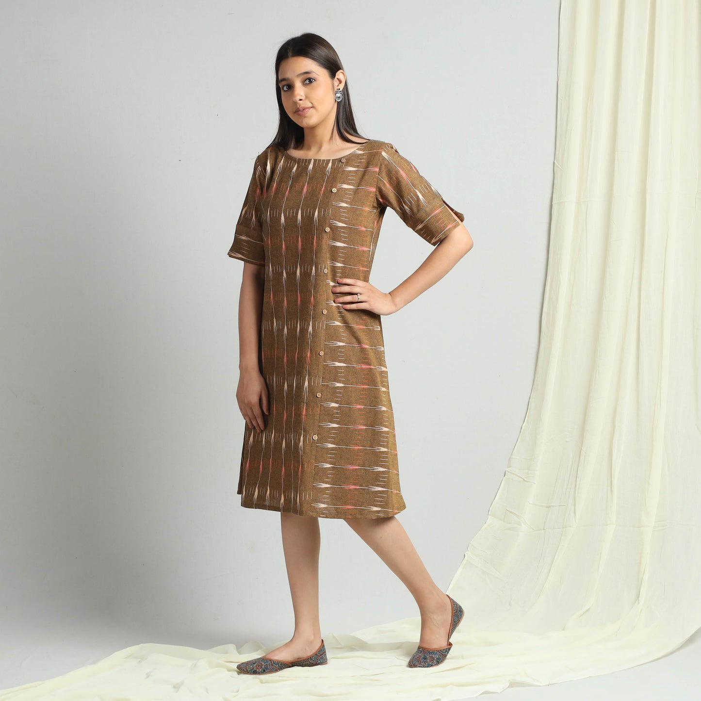 Brown - Pochampally Ikat Weave Cotton Dress