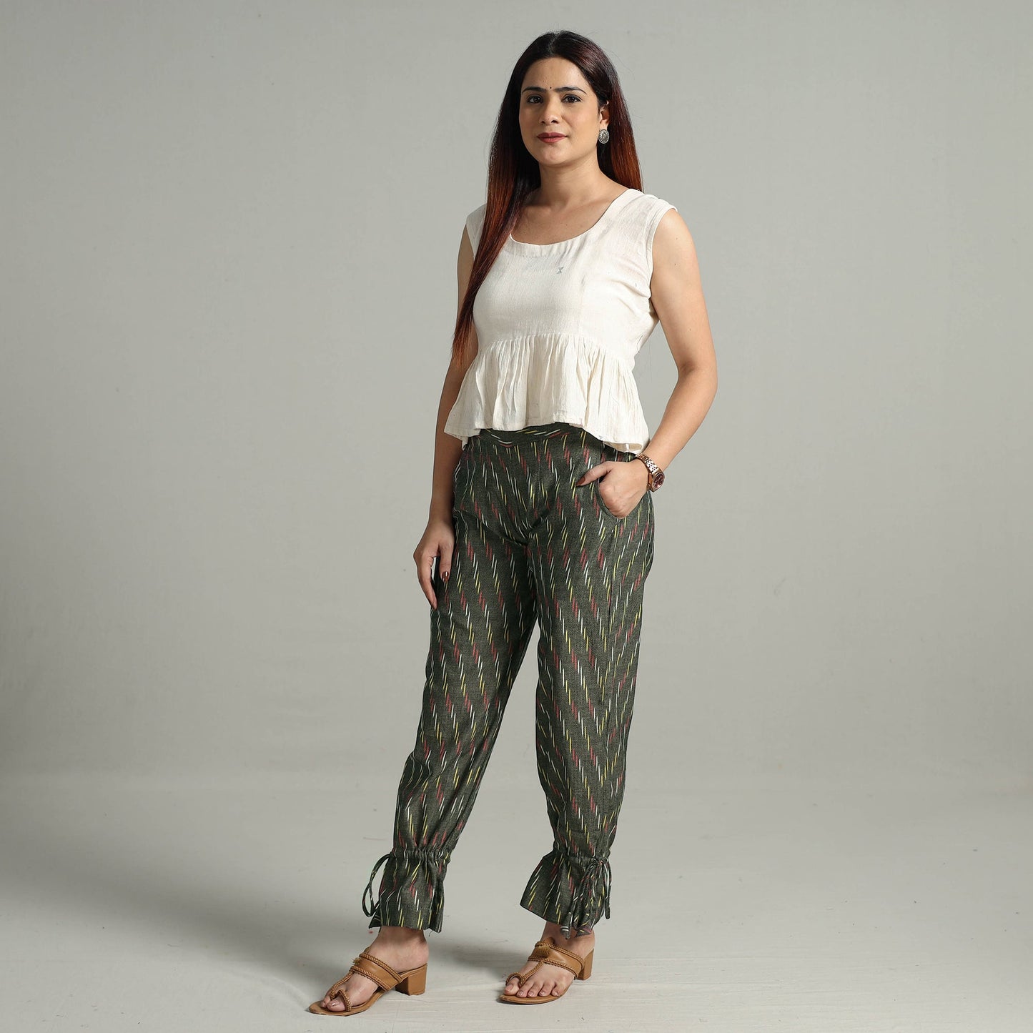 Brown - pochampally ikat weave cotton elasticated pant 11