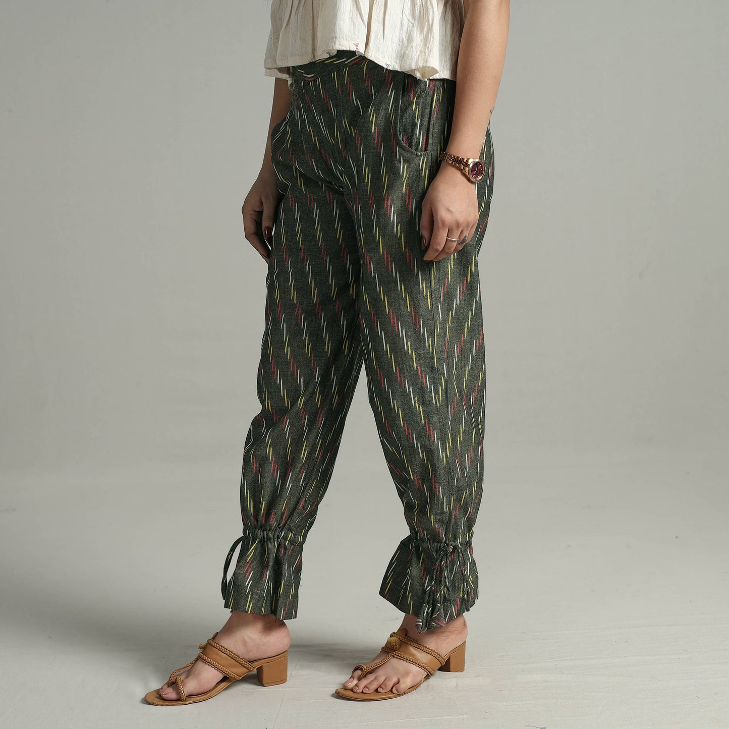 Brown - pochampally ikat weave cotton elasticated pant 11
