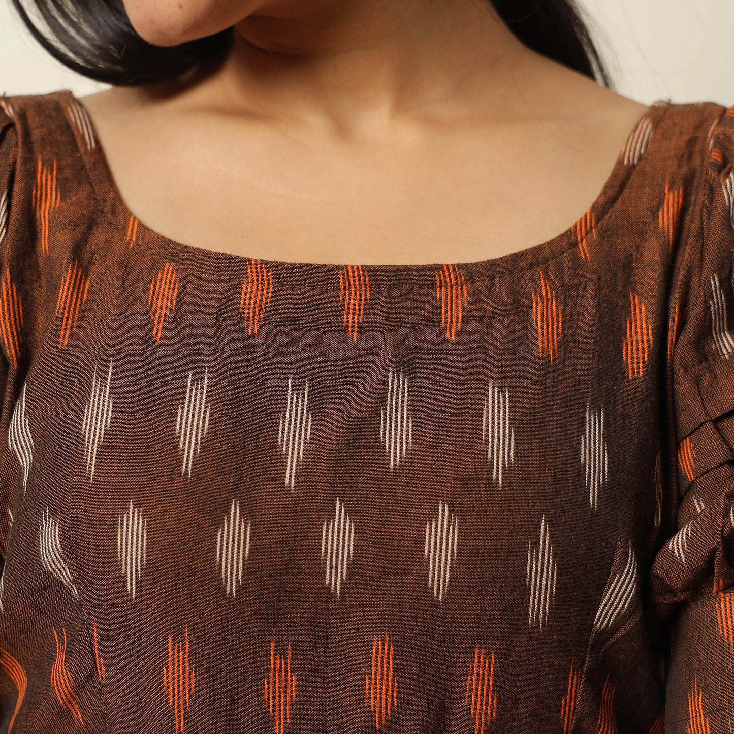 Brown - Pochampally Ikat Weave Cotton Flared Dress 14