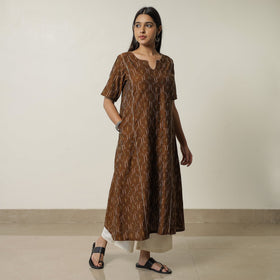 Brown - Pochampally Ikat Weave Cotton A-Line Kurta 01