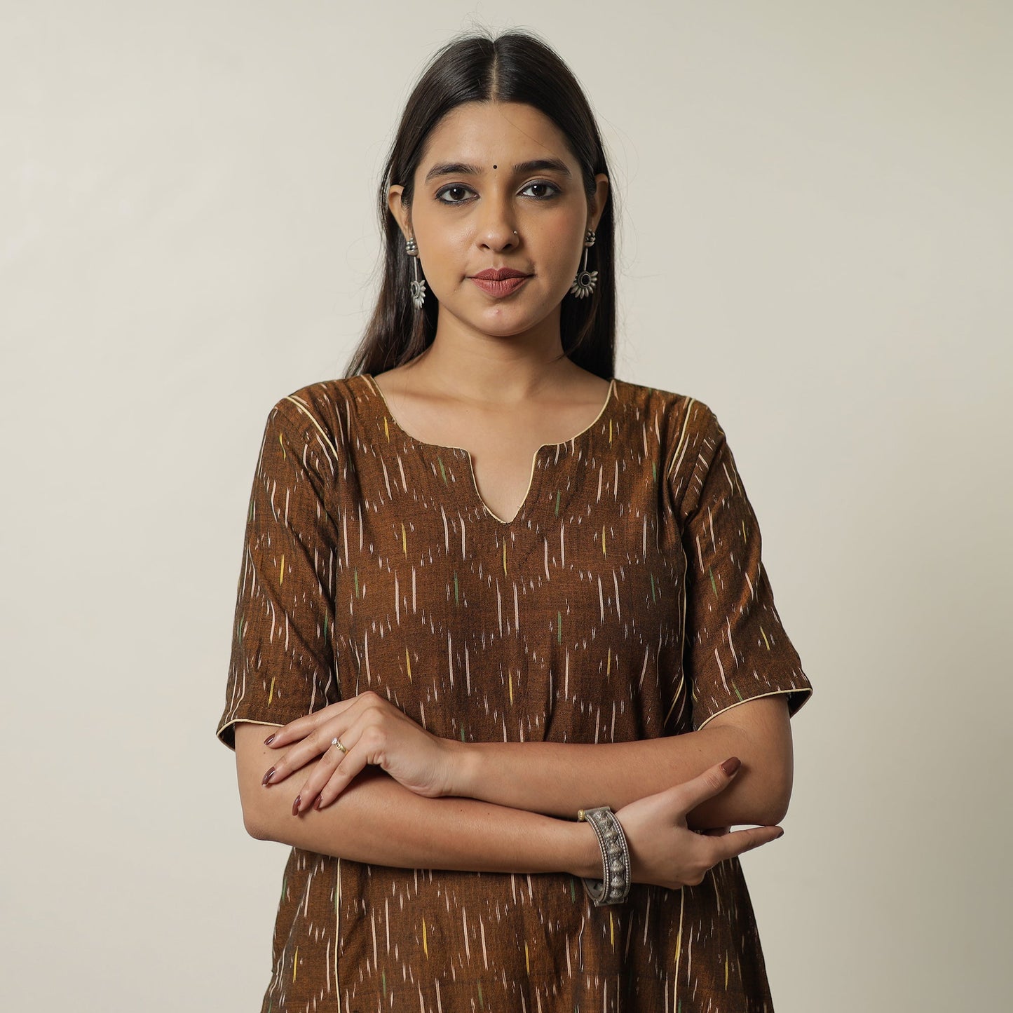 Brown - Pochampally Ikat Weave Cotton A-Line Kurta 01