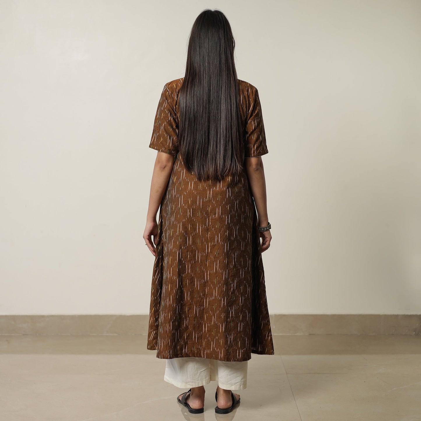 Brown - Pochampally Ikat Weave Cotton A-Line Kurta 01