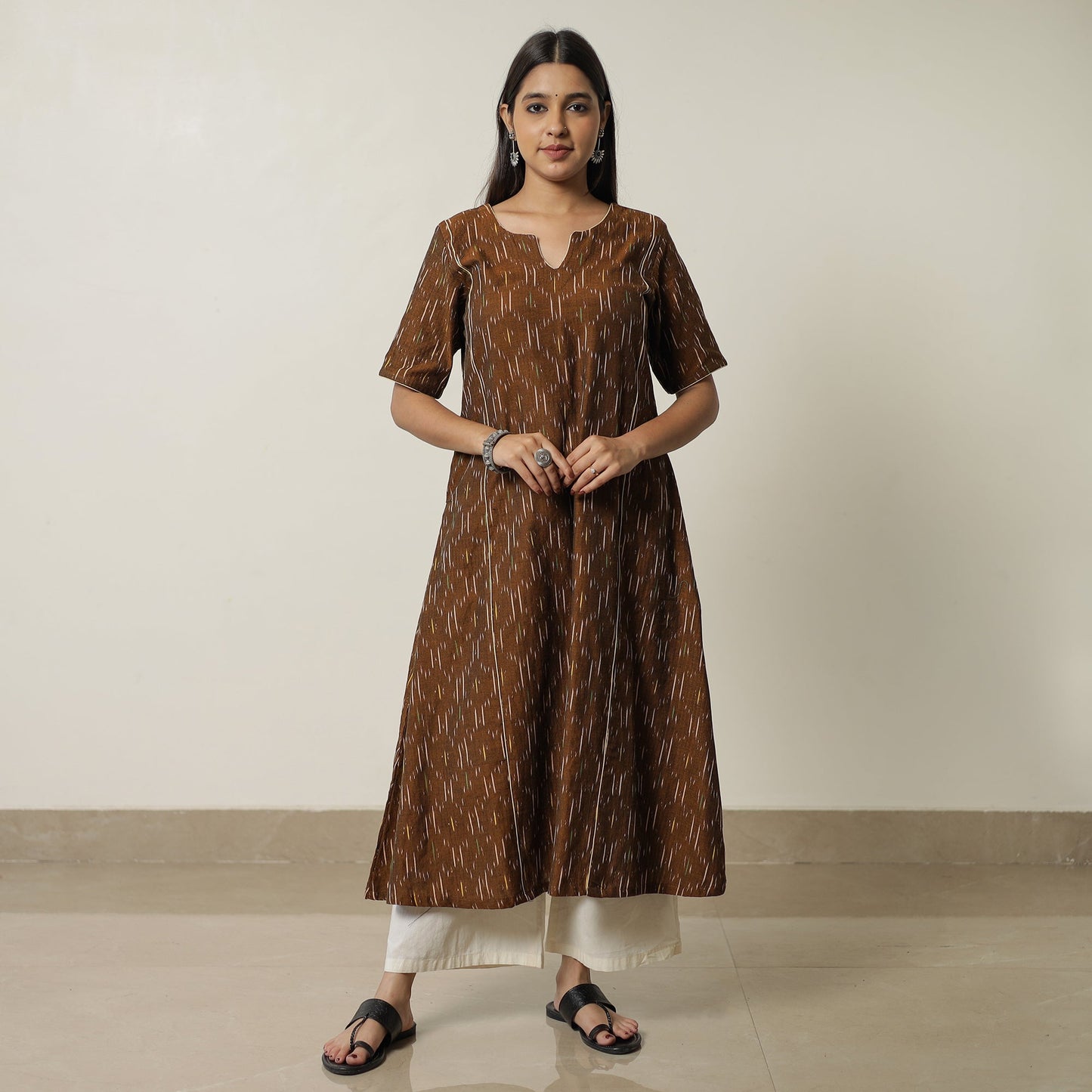 Brown - Pochampally Ikat Weave Cotton A-Line Kurta 01