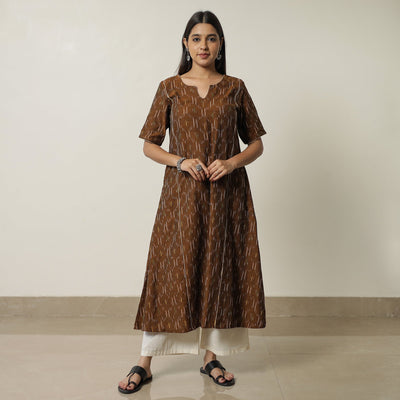 Brown - Pochampally Ikat Weave Cotton A-Line Kurta 01