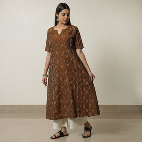 Brown - Pochampally Ikat Weave Cotton A-Line Kurta 01