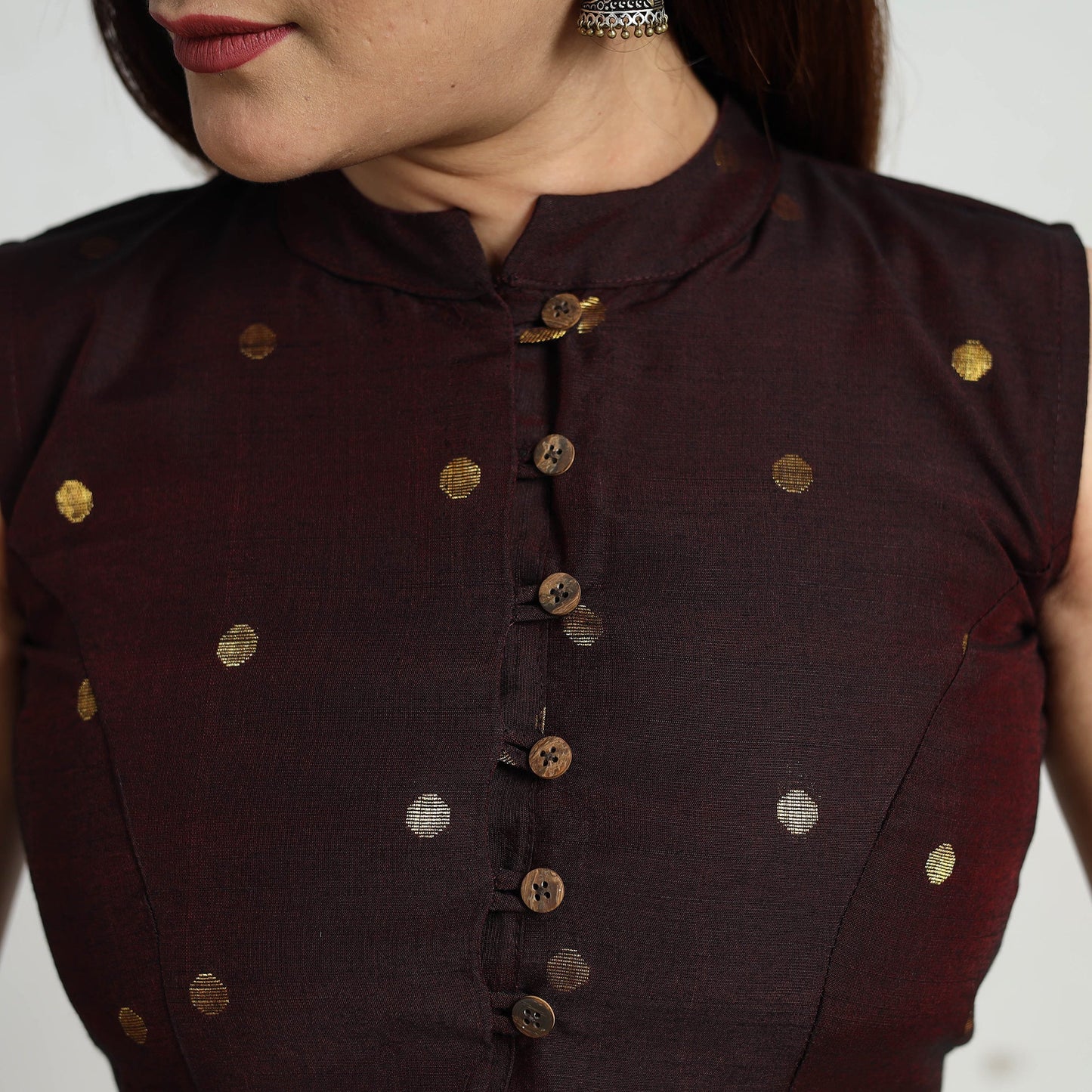 Brown Polka Dot Zari Buti Silk Stitched Plain Blouse 05