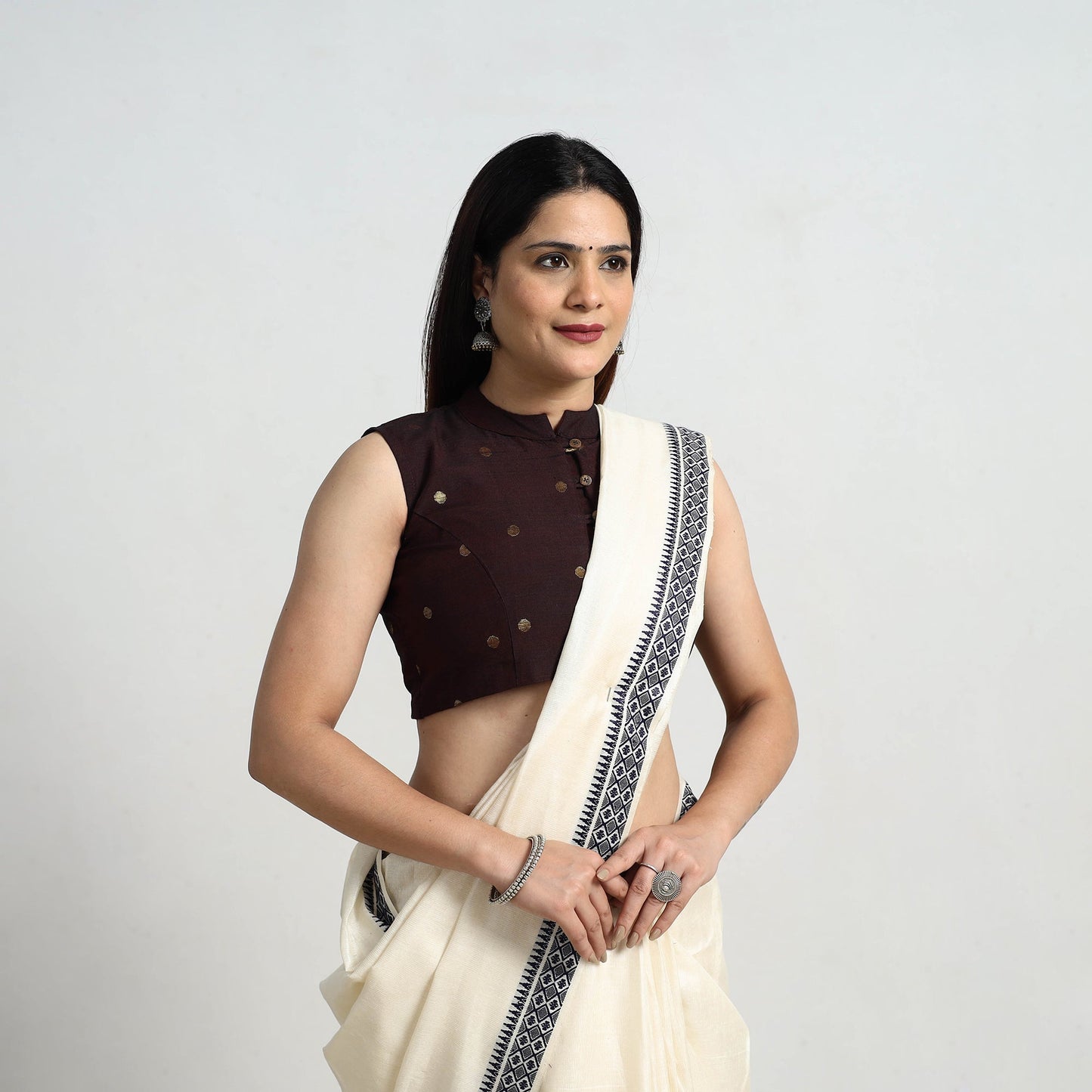 Brown Polka Dot Zari Buti Silk Stitched Plain Blouse 05