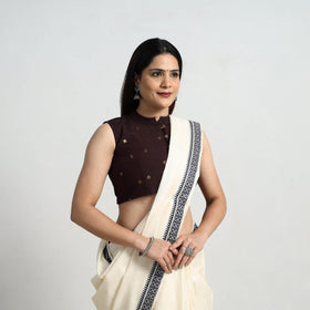 Brown Polka Dot Zari Buti Silk Stitched Plain Blouse 05