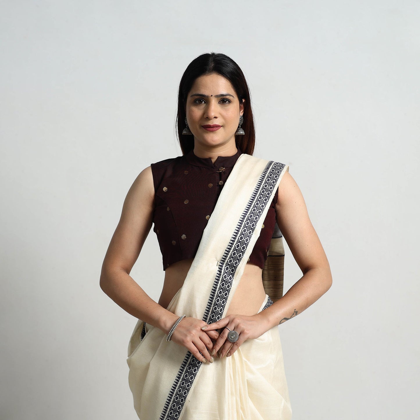 Brown Polka Dot Zari Buti Silk Stitched Plain Blouse 05