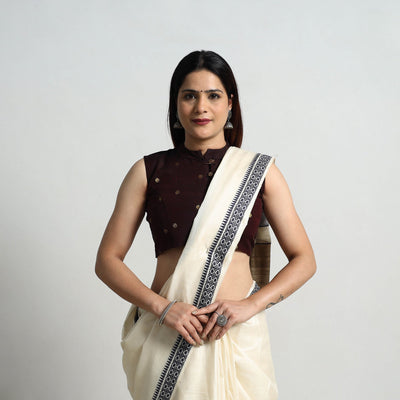 Brown Polka Dot Zari Buti Silk Stitched Plain Blouse 05