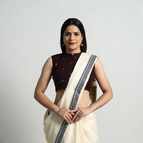 Brown Polka Dot Zari Buti Silk Stitched Plain Blouse 05