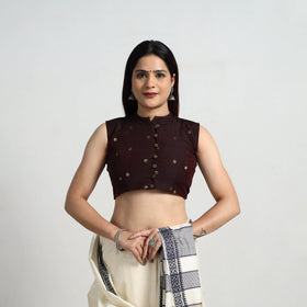 Brown Polka Dot Zari Buti Silk Stitched Plain Blouse 05