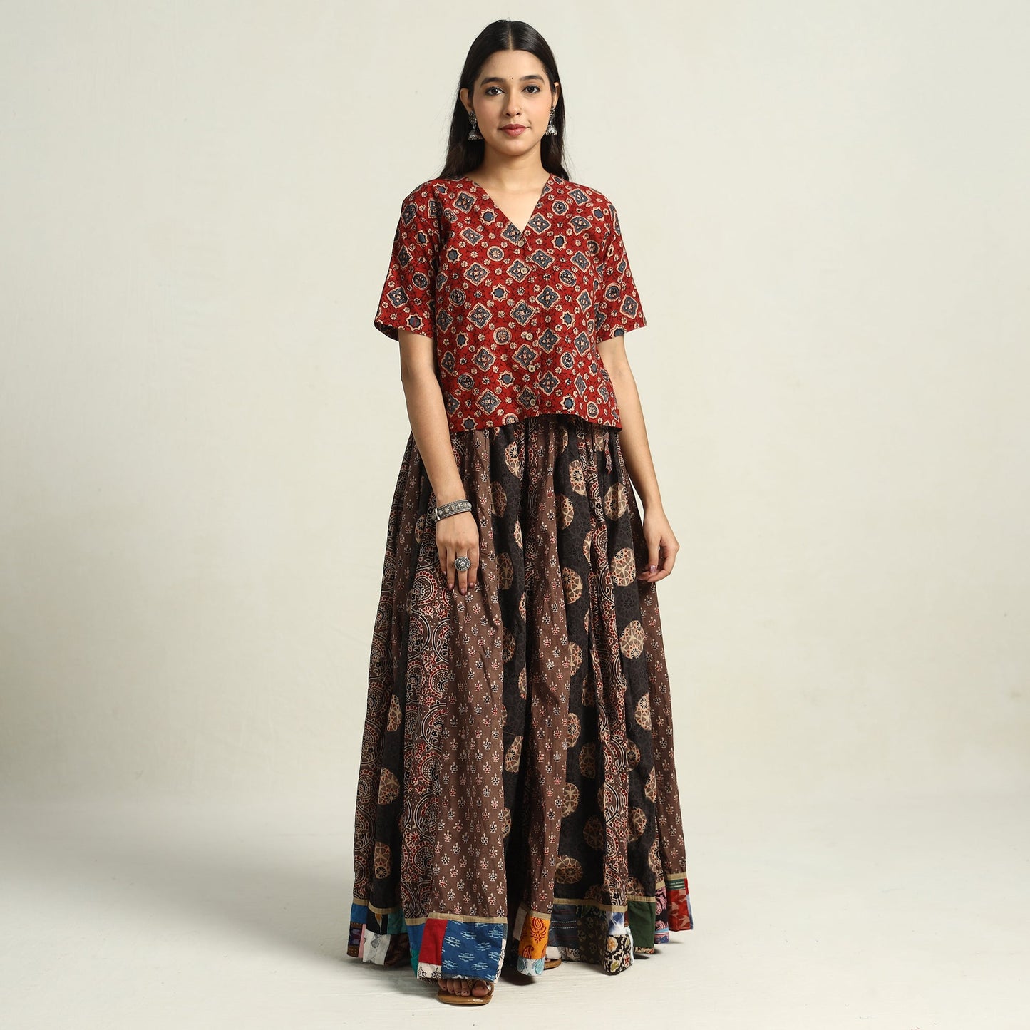  Ajrakh Block Printed 24 Kali Patchwork Cotton Long Skirt 05 
