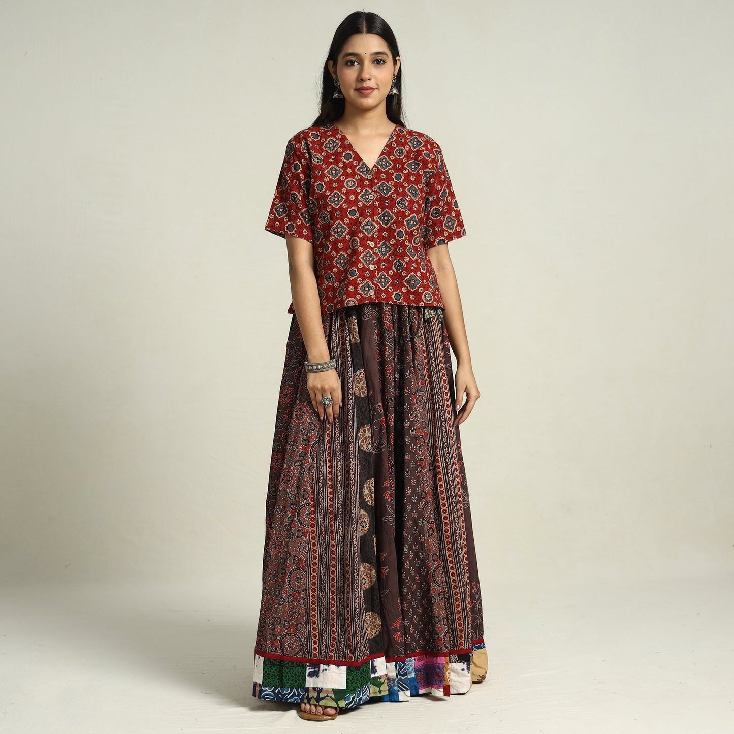 Brown - printed 24 kali patchwork cotton long skirt 21
