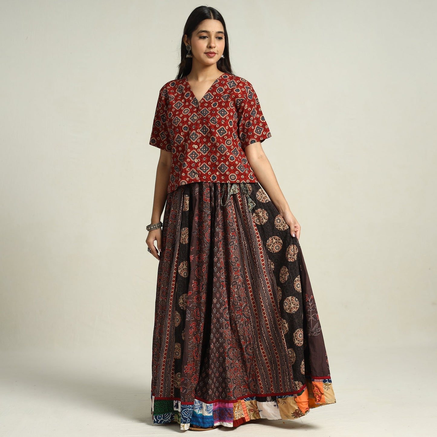 Brown - printed 24 kali patchwork cotton long skirt 21