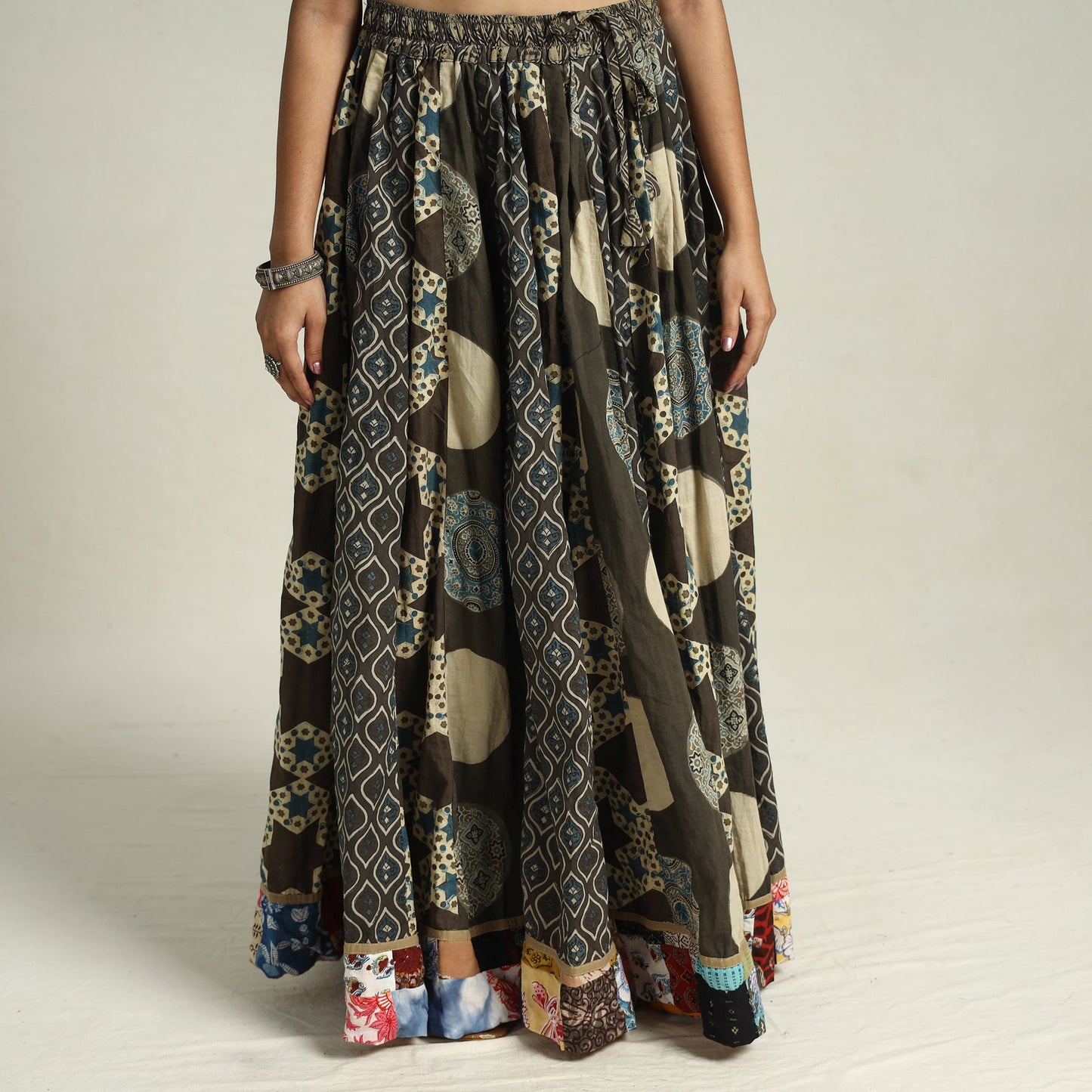 Brown - printed 24 kali patchwork cotton long skirt 42