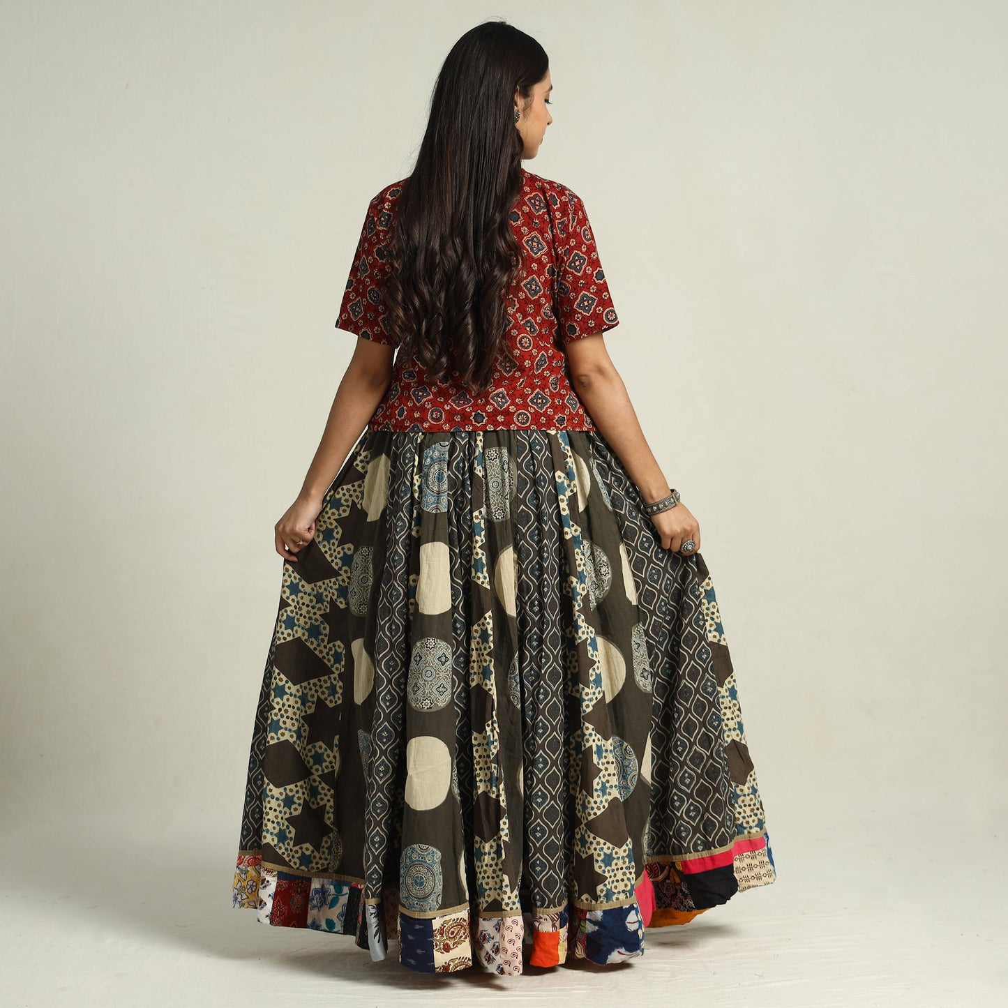 Brown - printed 24 kali patchwork cotton long skirt 42