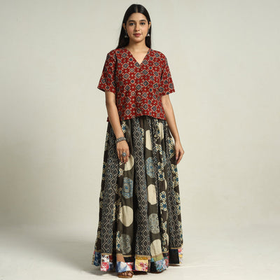 Brown - printed 24 kali patchwork cotton long skirt 42