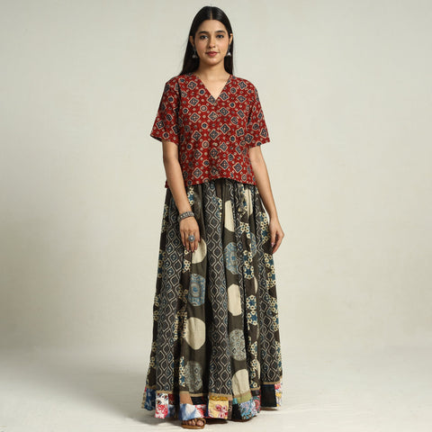 Brown - printed 24 kali patchwork cotton long skirt 42