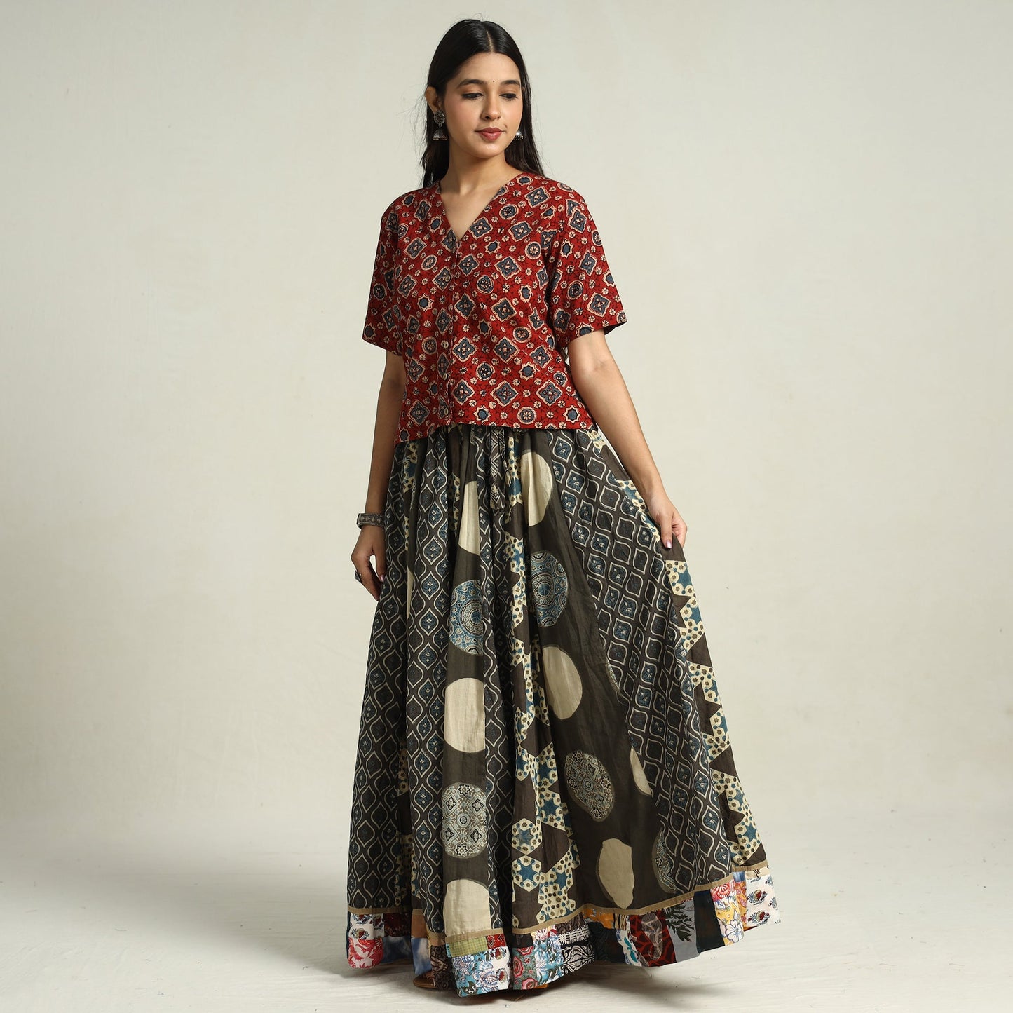 Brown - printed 24 kali patchwork cotton long skirt 42