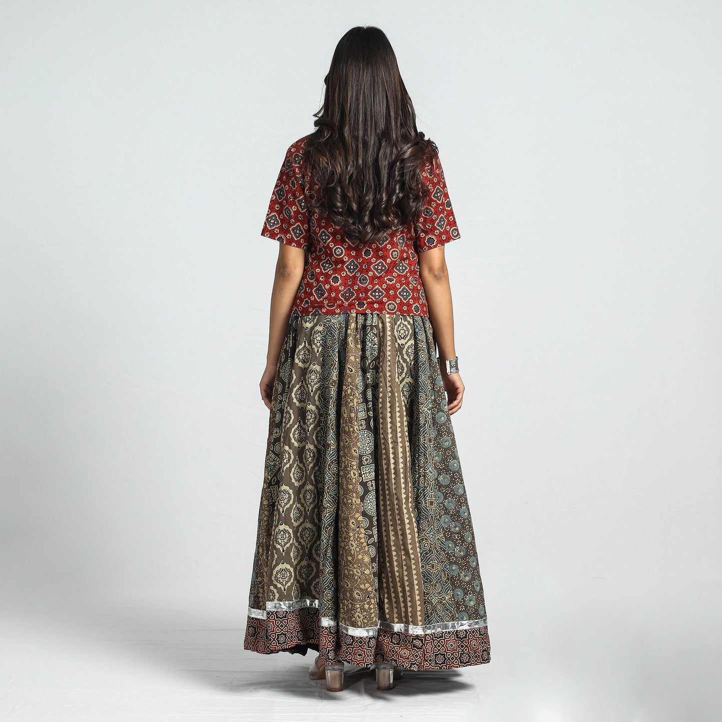 Ajrakh Block Printed 24 Kali Patchwork Cotton Long Skirt 