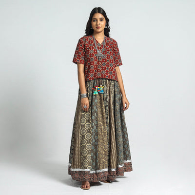  Ajrakh Block Printed 24 Kali Patchwork Cotton Long Skirt 