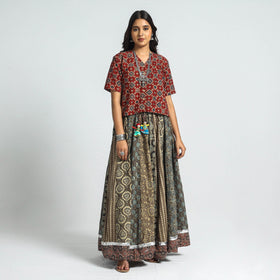  Ajrakh Block Printed 24 Kali Patchwork Cotton Long Skirt 