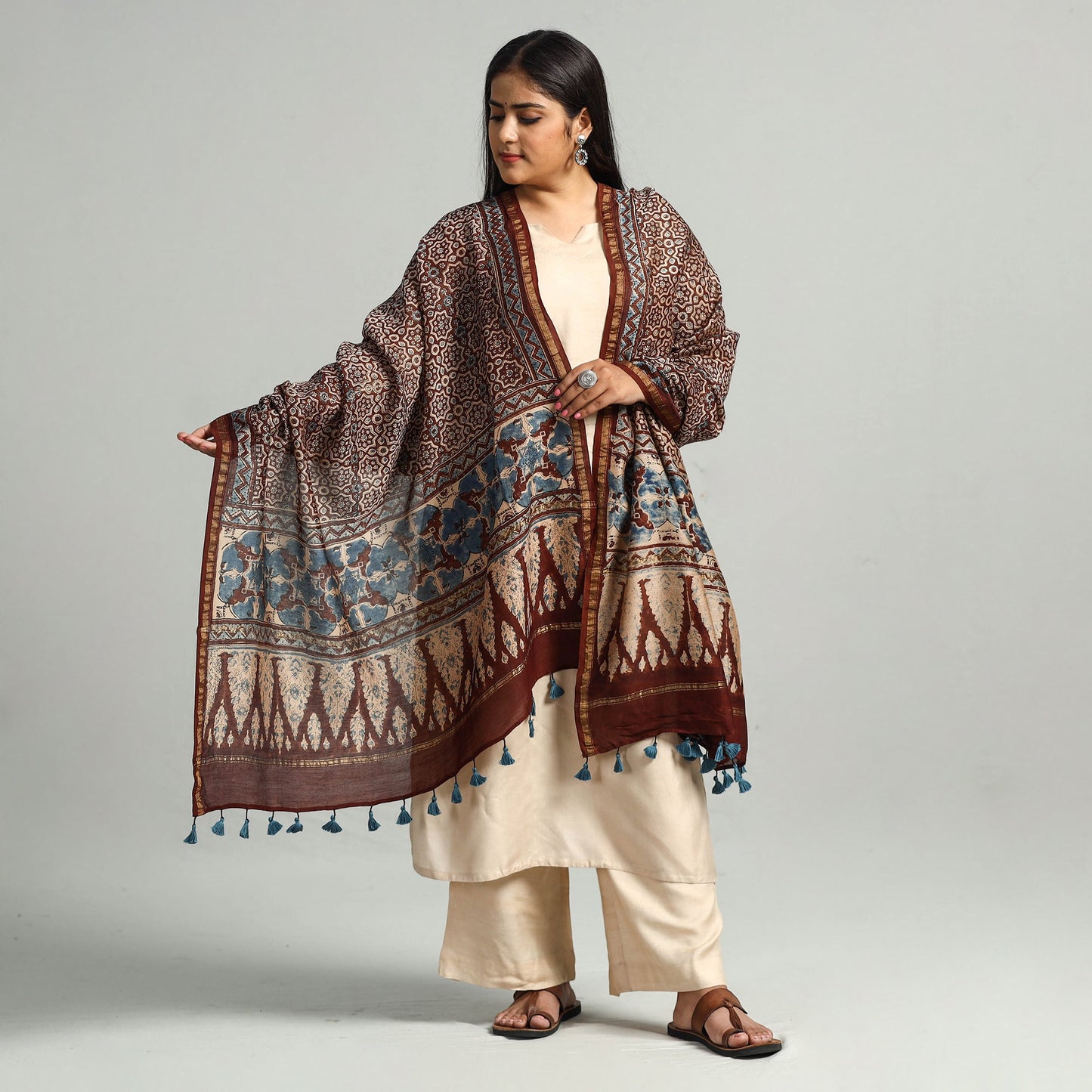 Buy Block Printed Chanderi Silk Handloom Ajrakh Dupatta