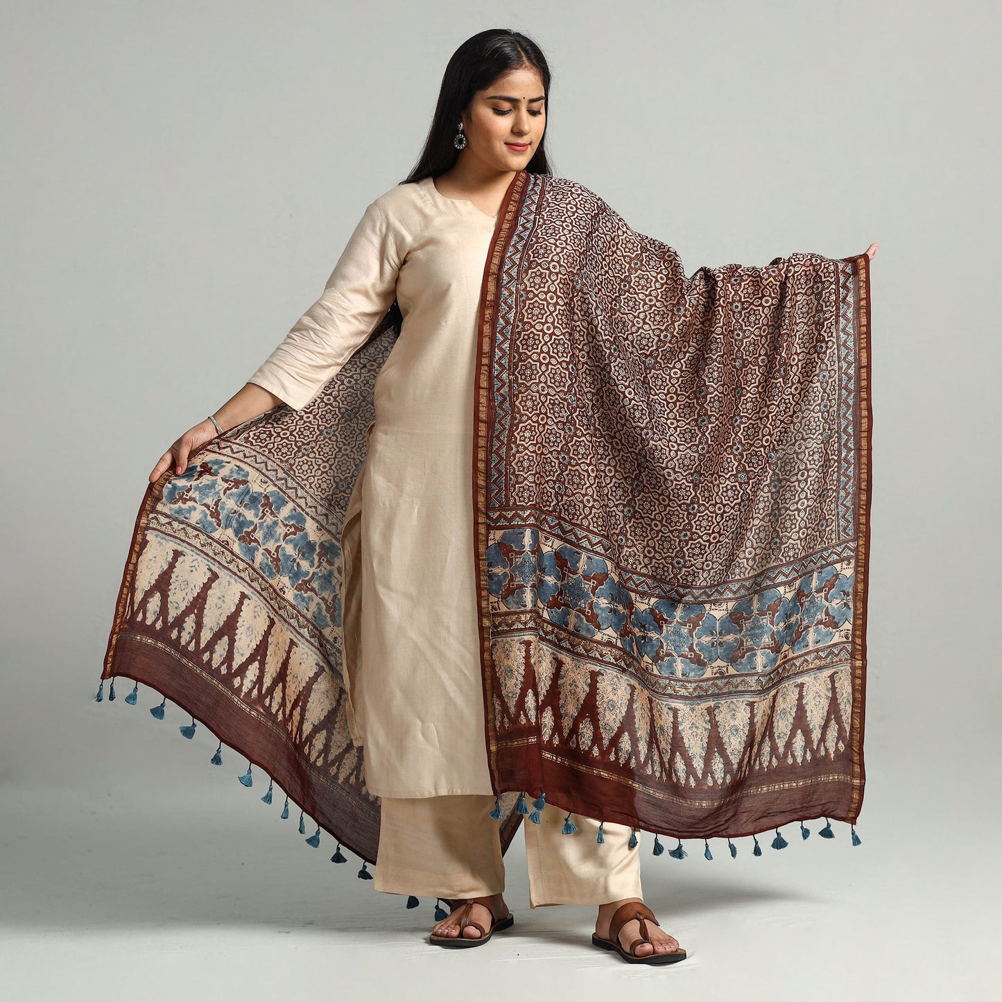 Buy Block Printed Chanderi Silk Handloom Ajrakh Dupatta
