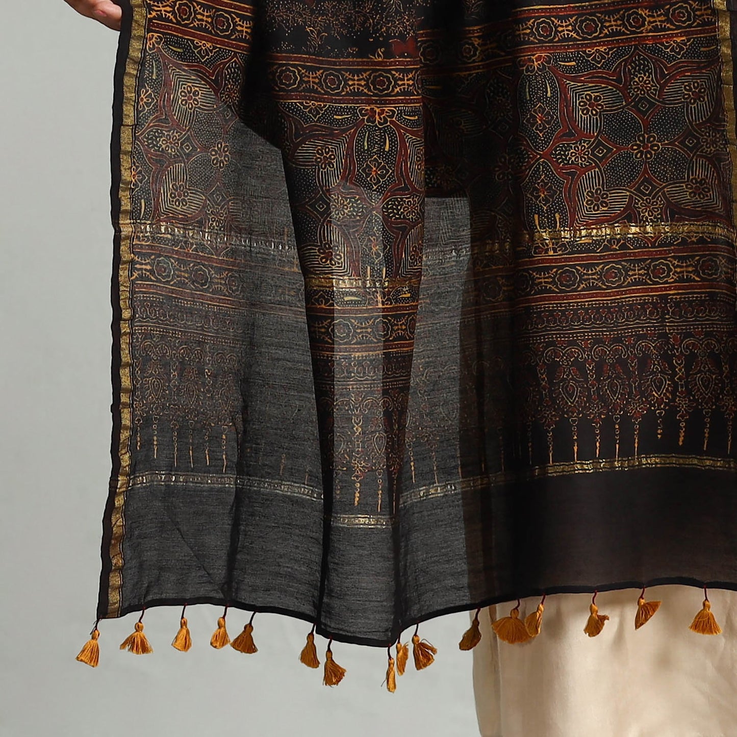 Buy Block Printed Chanderi Silk Handloom Ajrakh Dupatta