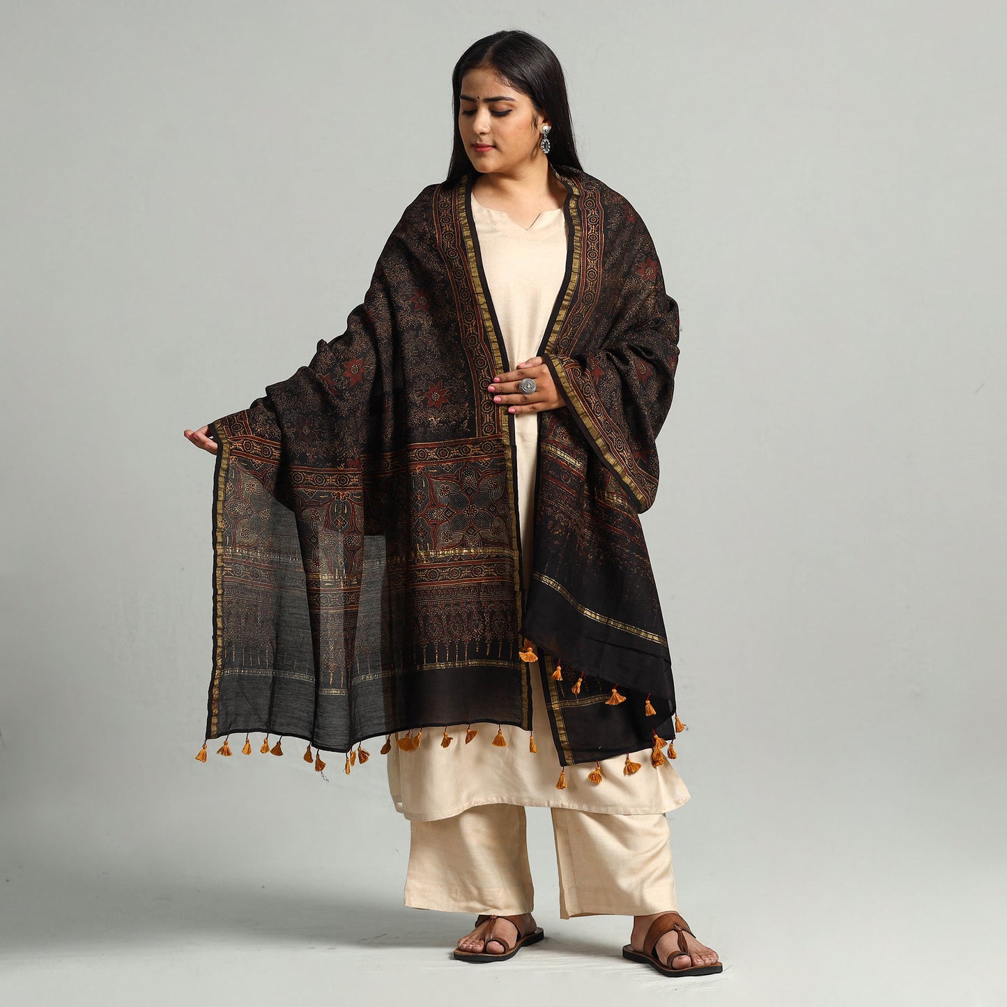 Buy Block Printed Chanderi Silk Handloom Ajrakh Dupatta