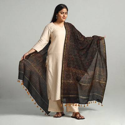 Buy Block Printed Chanderi Silk Handloom Ajrakh Dupatta