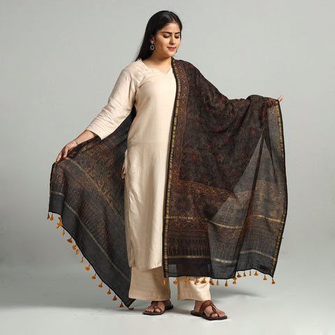 Buy Block Printed Chanderi Silk Handloom Ajrakh Dupatta
