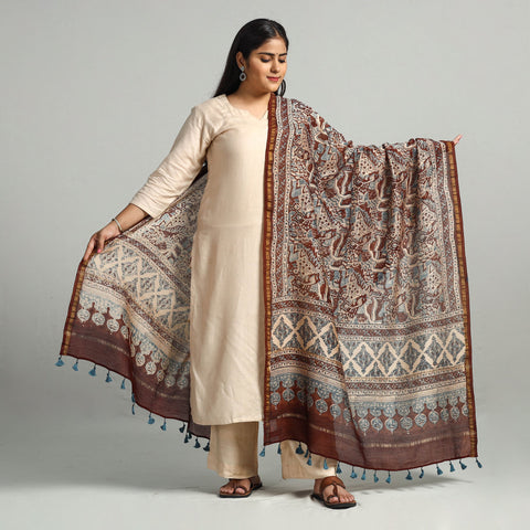 Brown - Block Printed Chanderi Silk Handloom Ajrakh Dupatta 13